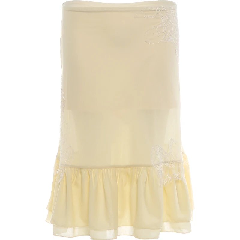 Weird Puss Pailletten-Spitzen-Patchwork 2-teiliges Set für Damen, durchsichtiges Camisole mit tiefem Ausschnitt + Rock mit elastischem Bund und Stufenabschluss, süße Sommer-Outfits – Detail 3