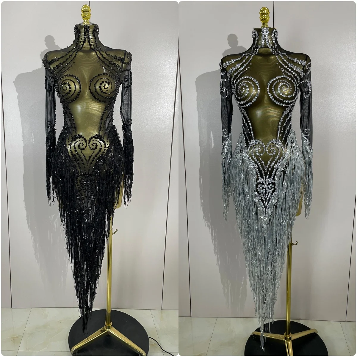 

Sexy Sparkly Rhinestone Sequins Tassel Mesh Transparent Dress Women Evening Birthday Party Nightclub Dance Singer Stage Outfit