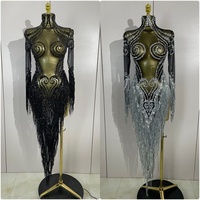 Sexy Sparkly Rhinestone Sequins Tassel Mesh Transparent Dress Women Evening Birthday Party Nightclub Dance Singer Stage Outfit