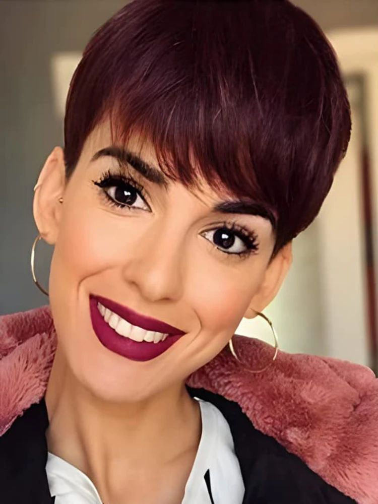 Perucas sintéticas curtas Pixie Cut com Franja para Mulheres, Cabelo para Meninas