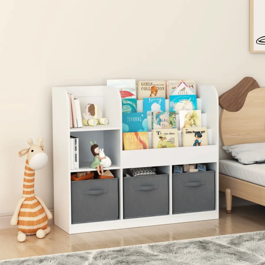 

Bookcase and Bookshelf Multifunctional Bookcase with 3 Collapsible Fabric Drawers Bookcase Display Stand Toy Storage Organizer