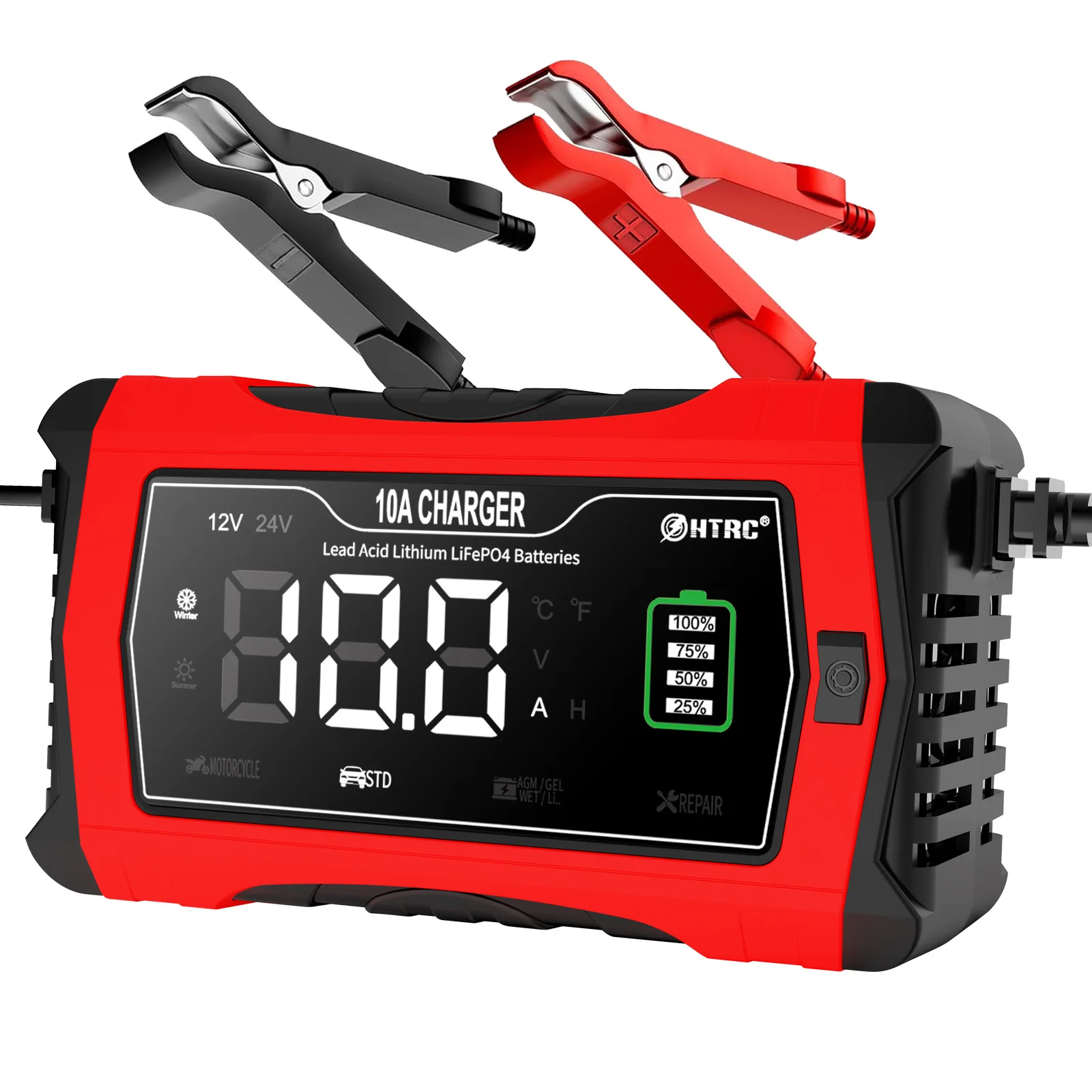 

Зарядное устройство для автомобильных и мотоциклетных аккумуляторов 10А, 12В/24В, для свинцово-кислотных, литиевых, AGM аккумуляторов, с функцией интеллектуального восстановления