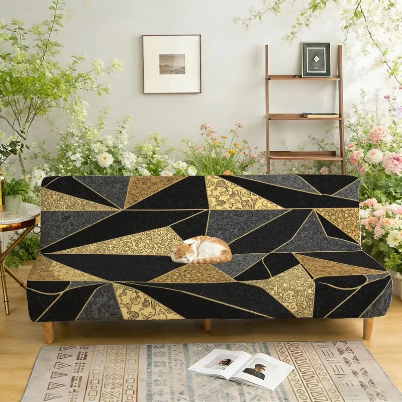 1pc Elastic sofa bed cover,Luxury Black Gold Geometric Patchwork Print Couch Slipcover for Living Room