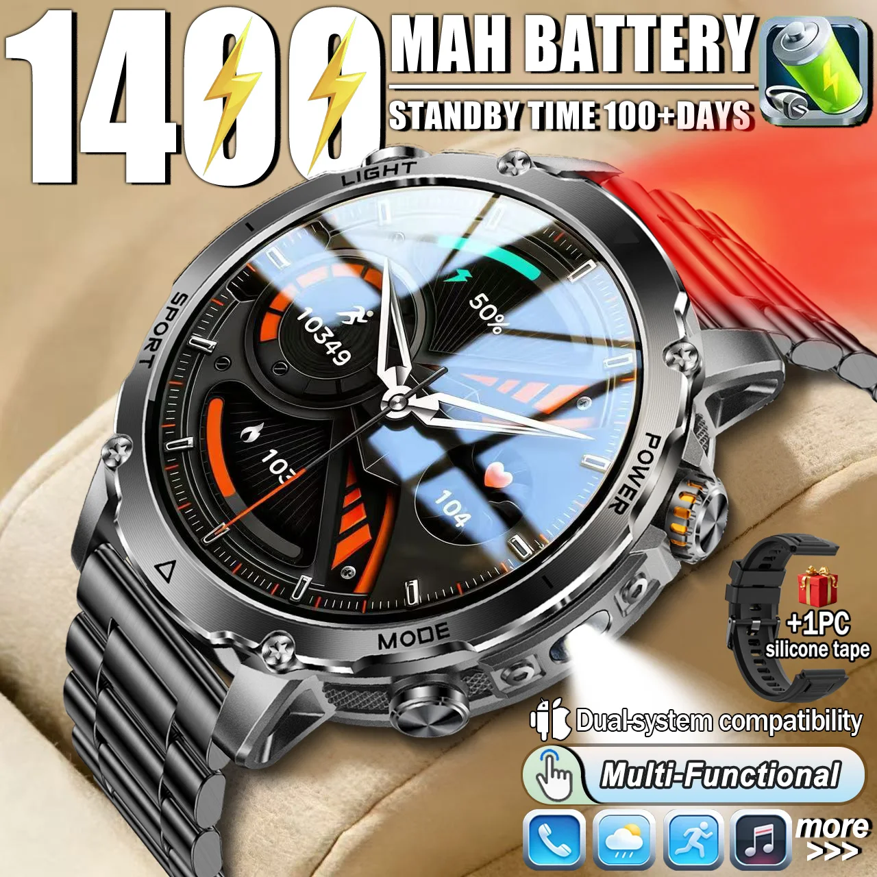 Rugged Fitness Smartwatch for Men, 1400mAh Battery, Answer/Make Calls, Message Notifications, IPX8, LED Flashlight