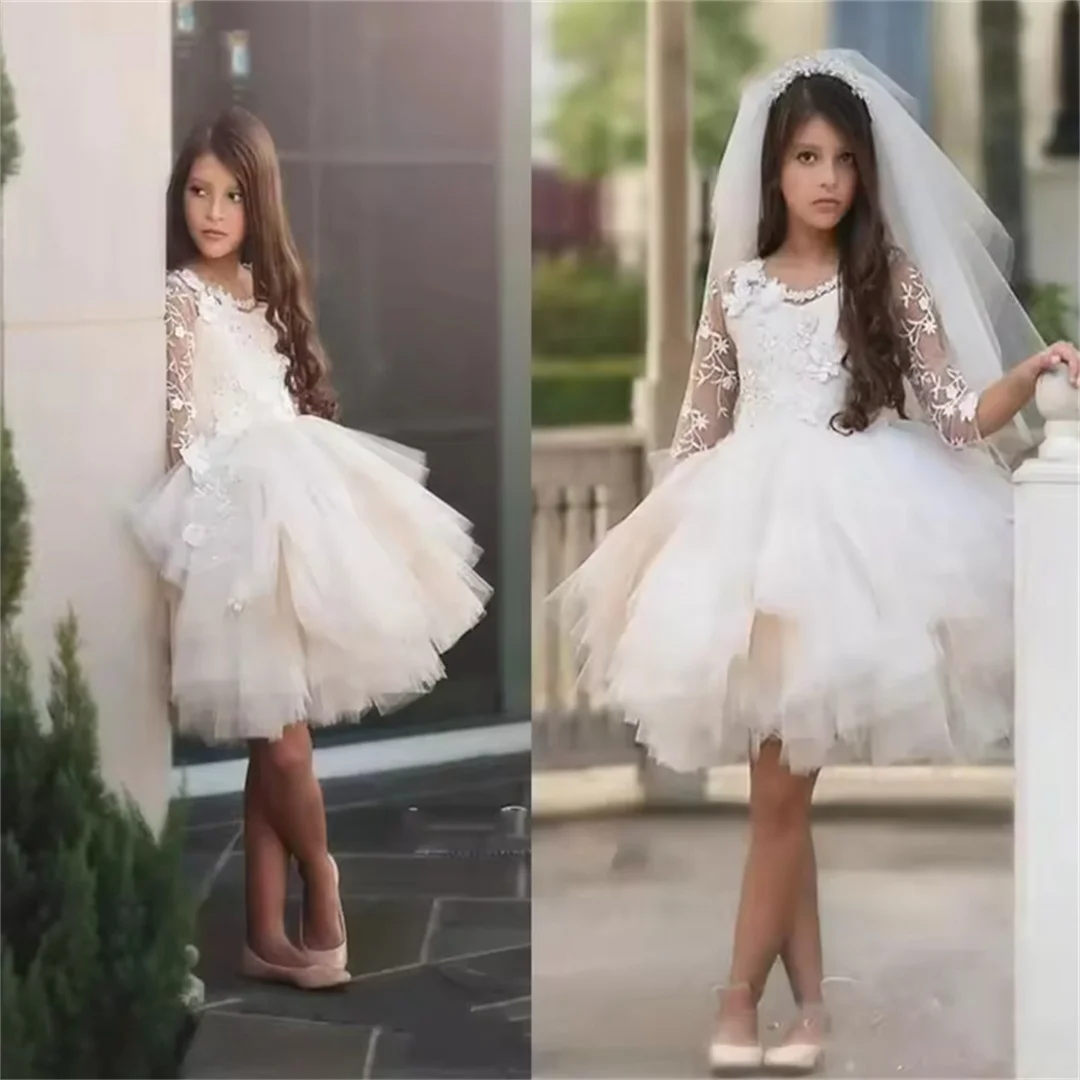 Holy Long-sleeved Tulle Lace Layered Flower Girl Dress Princess Ball First Communion Dresses Kids Surprise Birthday