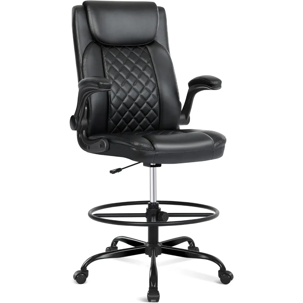 كرسي صياغة، كرسي مكتب طويل للمكتب الدائم، كرسي قائم مع ارتفاع قابل للتعديل ومسند ذراع قابل للطي، مسودة جلدية