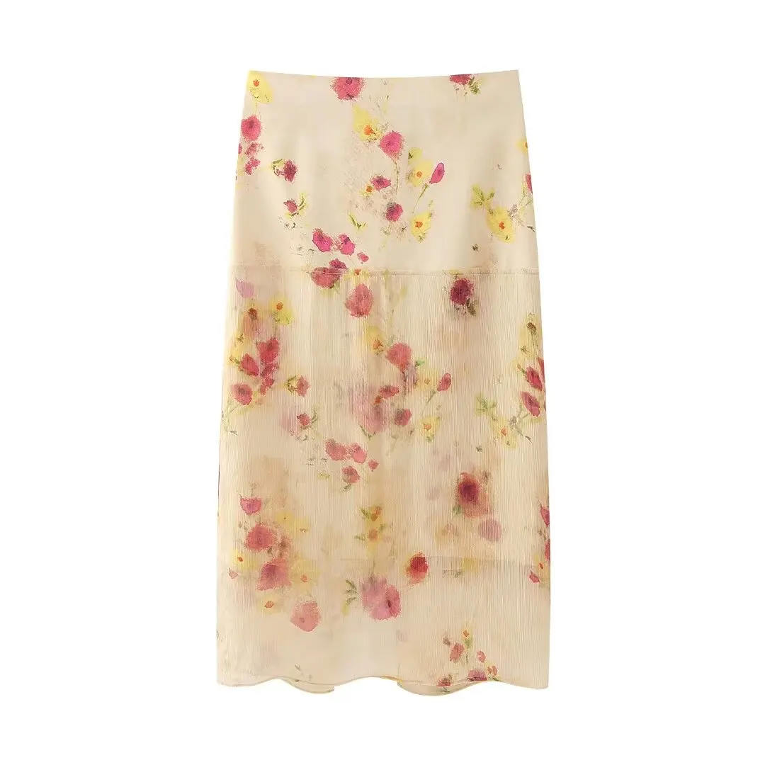 

TRAFZA Women Summer Fashion Chic Print Vintage Mid Length Skirt Woman High Waist Zipper Slim Casual Skirt Streetwear Mujer TRAF
