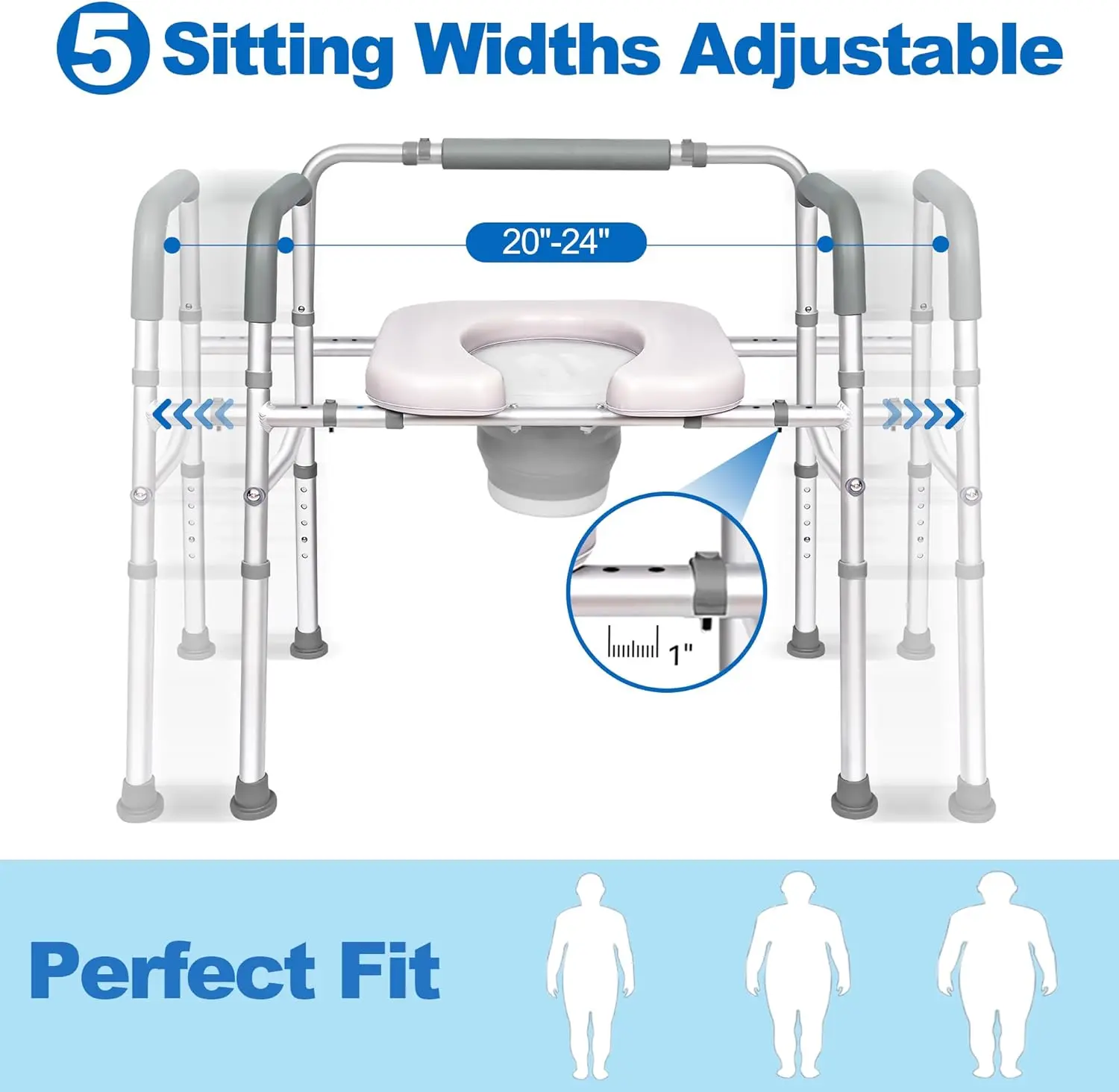 3 in 1 Commode Chair for Toilet with Arms, 500 lbs Bedside Commode Chair for Toilet with Bucket 4.4Qt, Width Adjustable Bedside