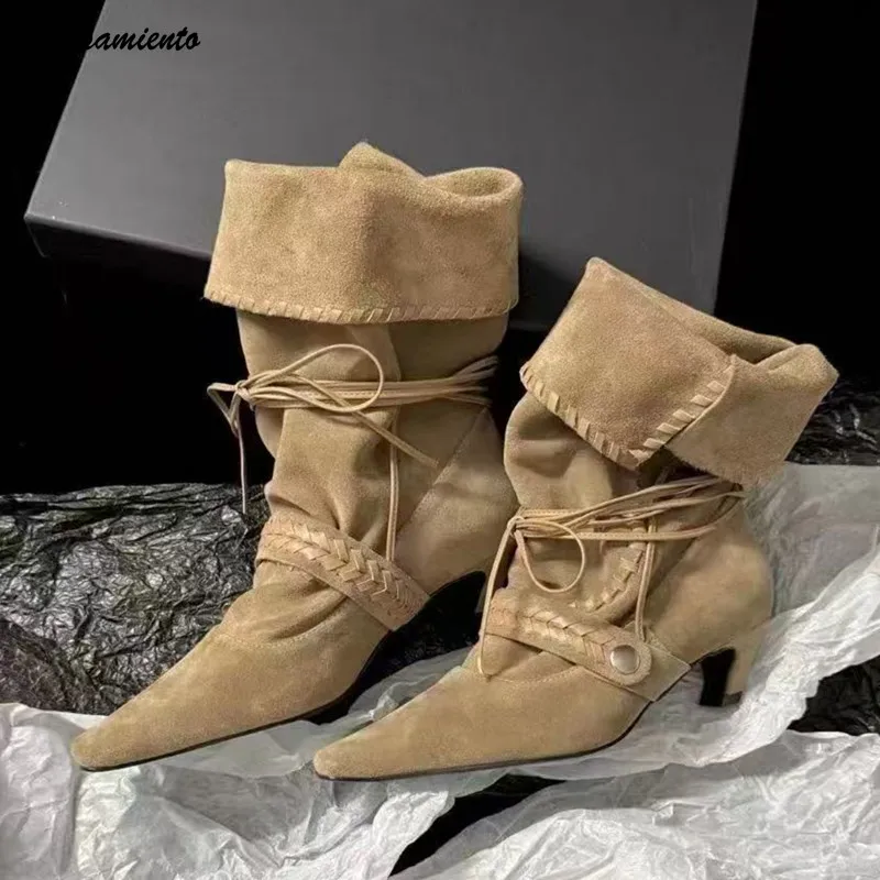 

Autumn Winter Faux Suede Weave Lace-up Women Motorcycle Boots Fashion High heels Chelsea Western Mid-Calf Short Booties Shoes