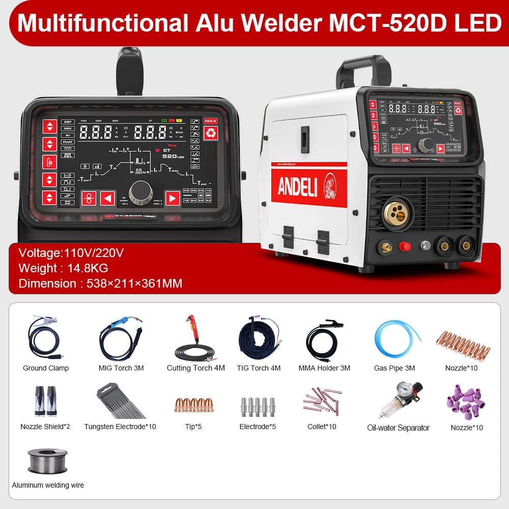 2023  New Arrival MCT 110V/220V LED MCT-520DPLPRO 7 in 1  Pilot Arc cut Max 25mm Multi-Function Aluminum Welding  Machine