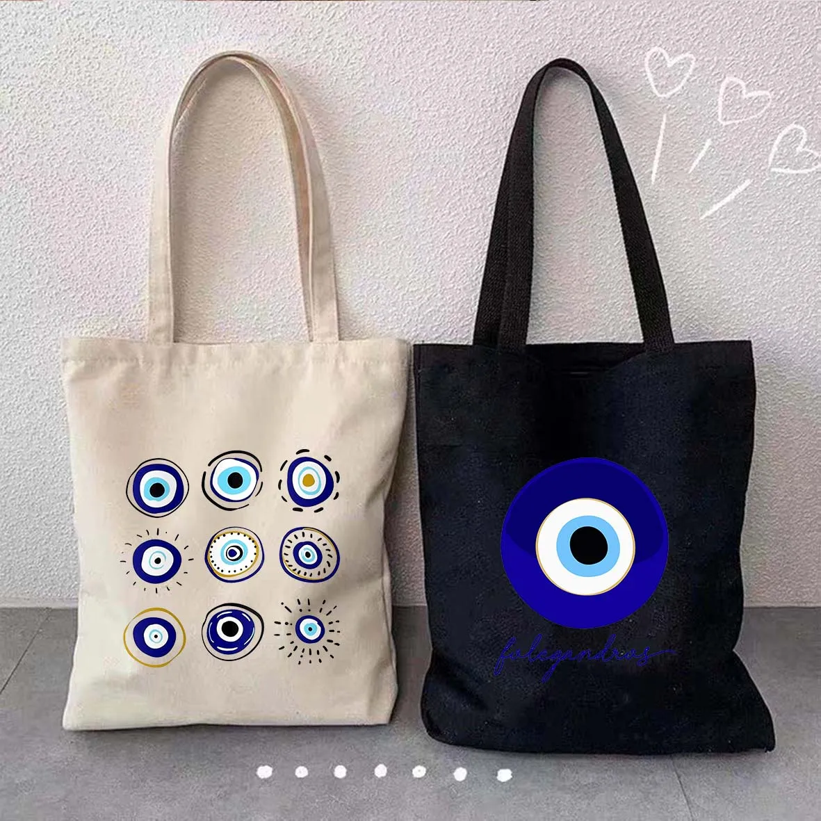 Psychedelic Evil Eye Blue Green Yellow Red Pink Colorful Women Canvas Shoulder Harajuku Handbags Totes Eco Shopper Shopping Bags