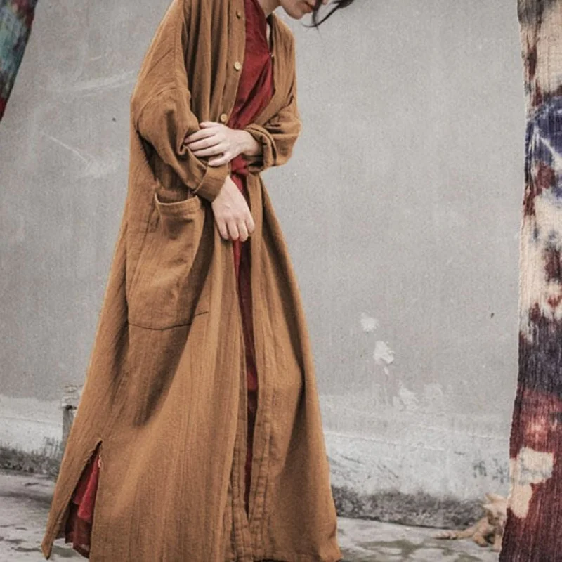 

Chinese Style Long Double Pockets Cardigan Women Autumn New Cotton Linen Solid Womens Coat Casual Single Breasted Outwear