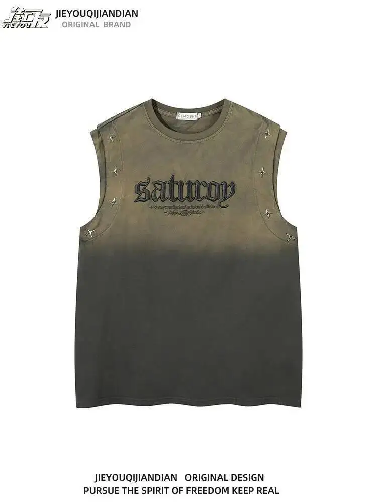 Man Women Tank Top Vintage Gradient Studded Vest For Unisex Hiphop Style Letter Embroidery Loose Cotton Casual Sleeveless Top
