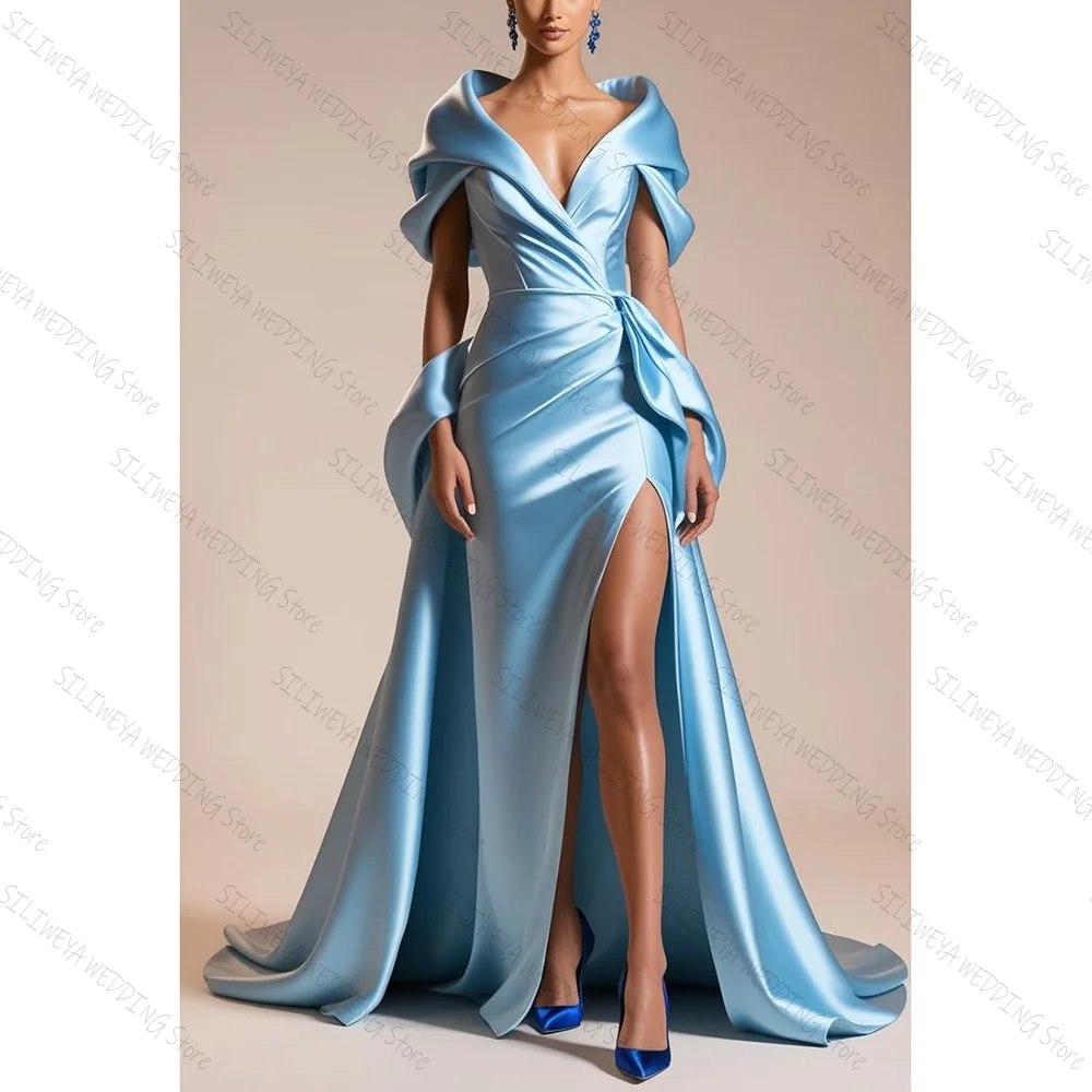 

Небесно-голубое атласное вечернее платье с V-образным вырезом и высоким разрезом, шикарное платье для выпускного вечера, платья на заказ