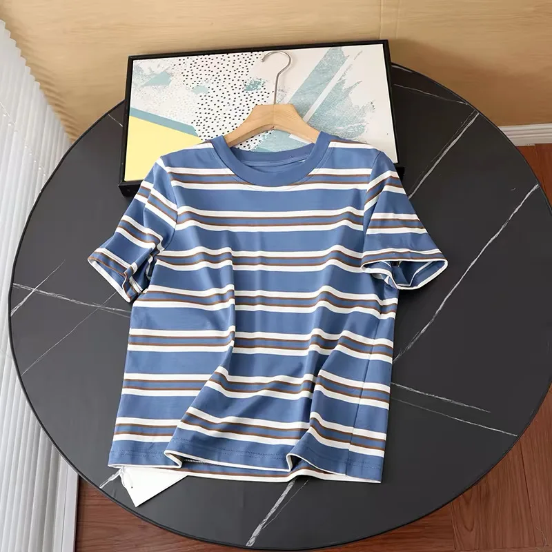 Nordic Summer New Casual Comfortable round Neck Short Sleeve Color Block Striped Loose Top Women's T-shirt Versatile Commute ...