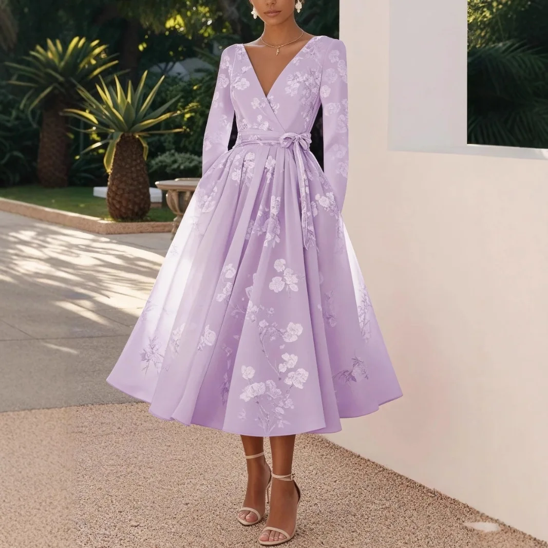 Damesjurk met print en vlinderdas Elegante banketjurk 2025, nieuwe luxe gastfeestavondjurk Chique sjerp Midi Maxi