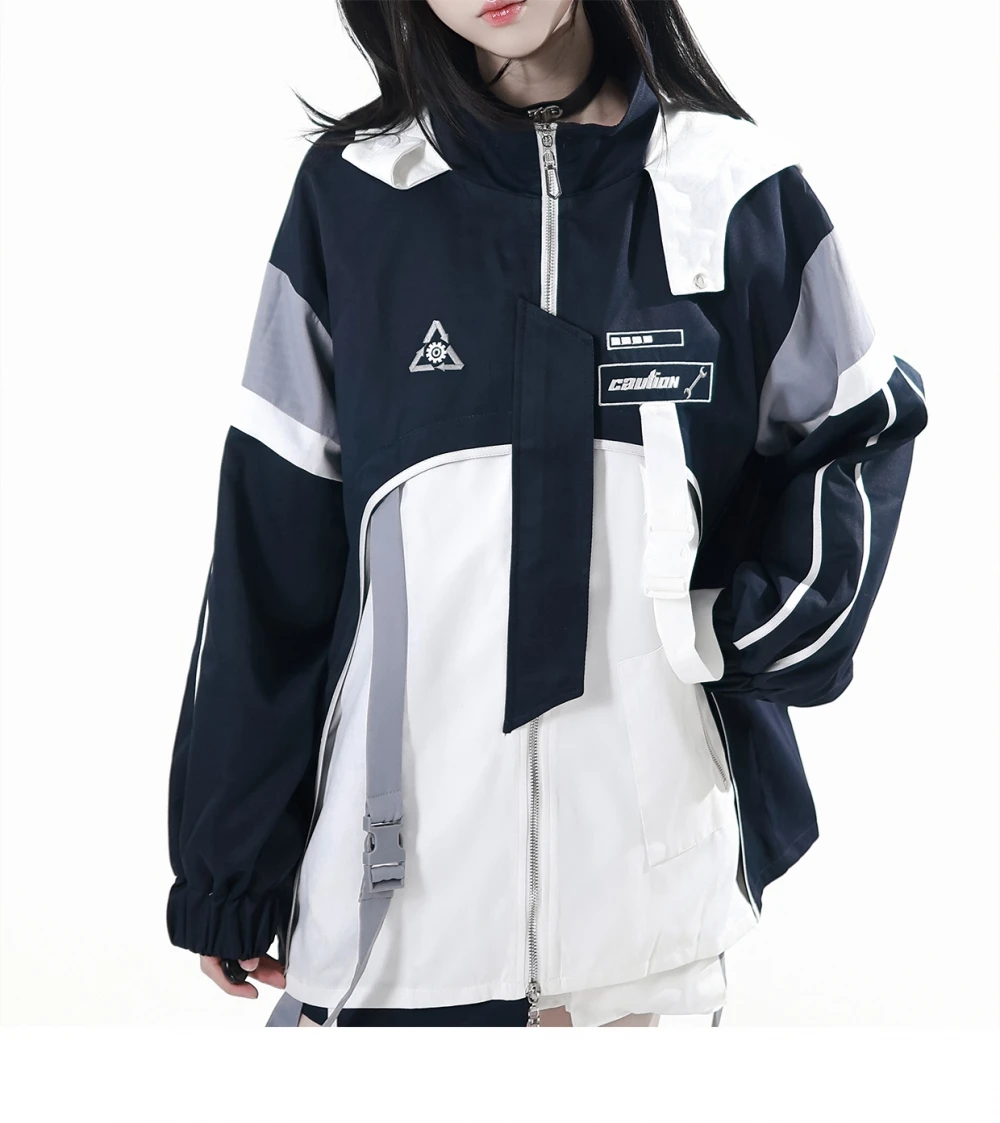 Functional Futuristic Patchwork Embroidered Hoodie Jacket 2025 Autumn Blue and White College Style Round Neck Long Sleeve Tee