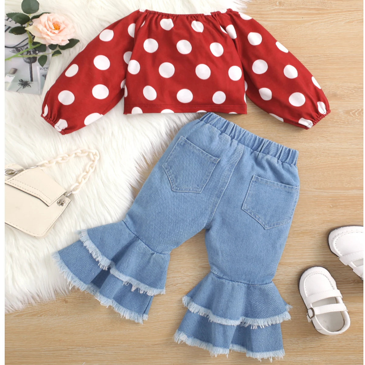 0-2Y Denim Baby Girls Outfits Set Polka Dots Print Top Ruffles Flared Jeans Pants Newborn Baby Clothes Girls Set