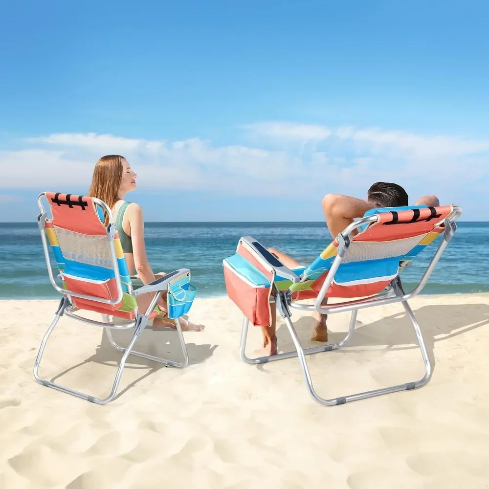 

High Beach Chair 2-Pack with Cooler Bag, Cup Holder, Towel Rack, Lightweight Folding Beach Camping Chair (Rainbow-16)