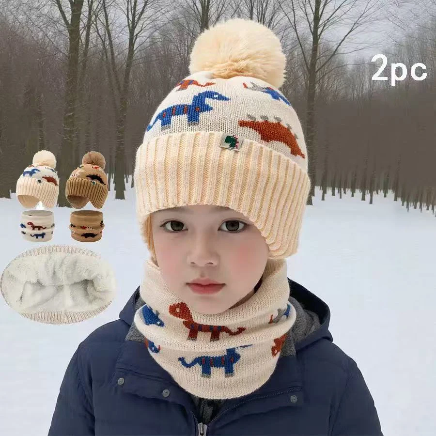 Zweiteiliges Set aus Dinosaurier-Mütze und Schal für Kinder, Winter-Babymütze aus Fleece und verdickter Strickmütze, Ohrenschutz-Wollmütze