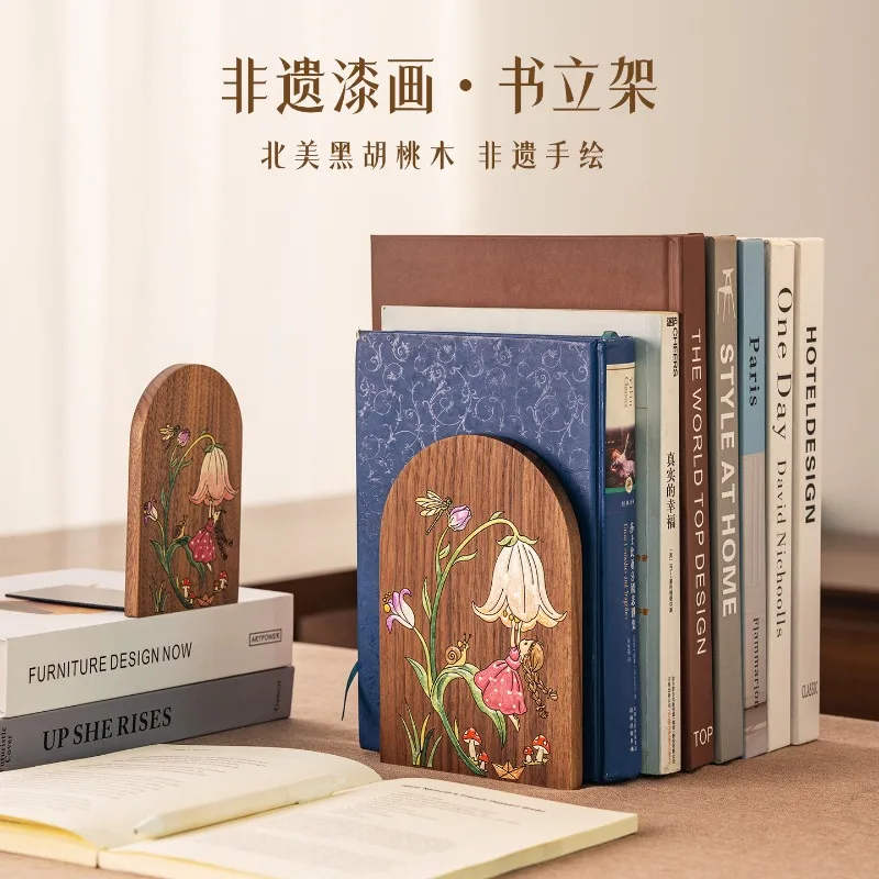 ✨ Premium Solid Black Walnut Wood Bookends Set, Chinese Hand-painted Lacquer Art Book Stopper, Elegant Aesthetic Desk Organizer