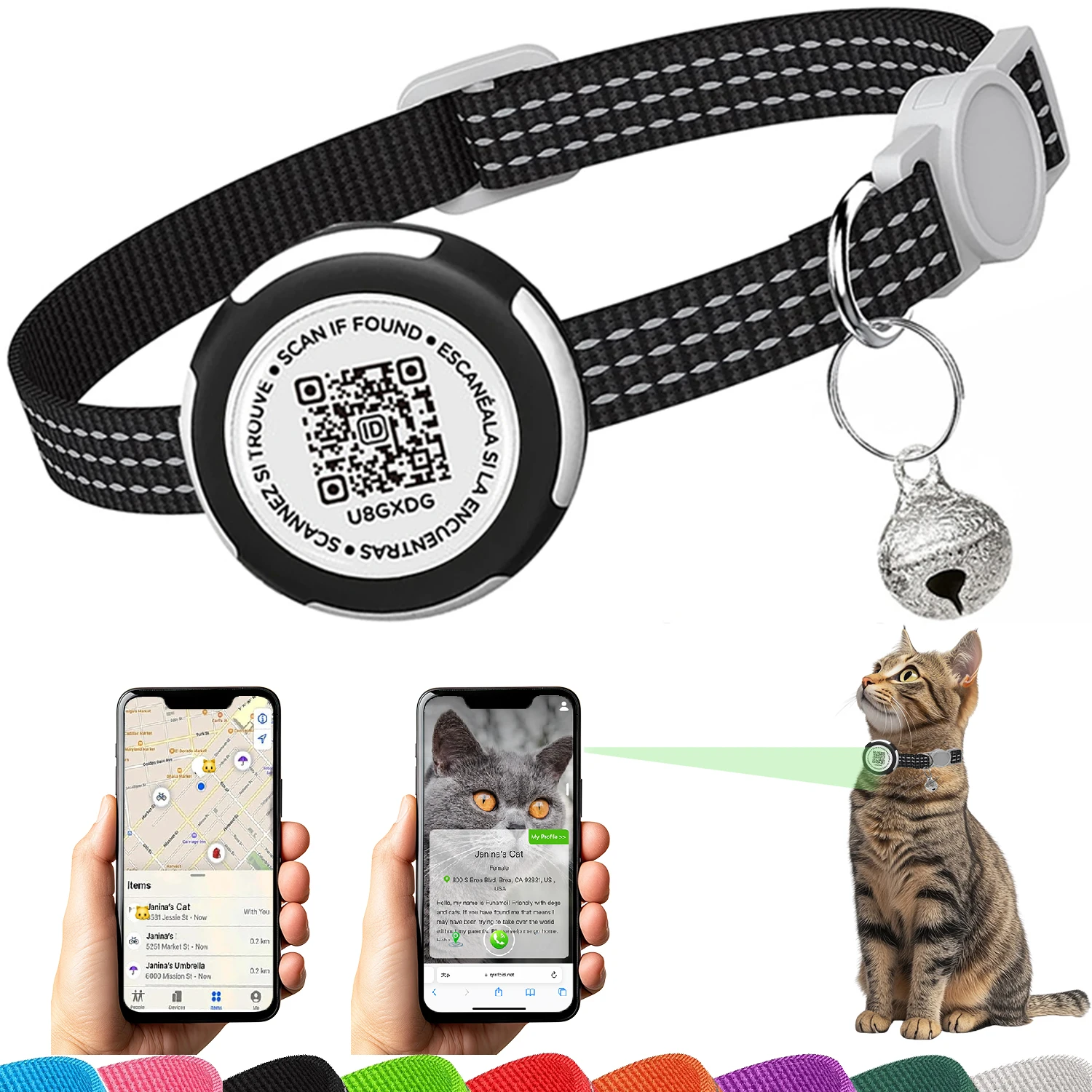 Airtag Cat Collar with QR Tag GPS Tracker Air Tag Case, Dual Protection Reflective  Anti-Loss Kitten Collar for Cats Gatos Puppy