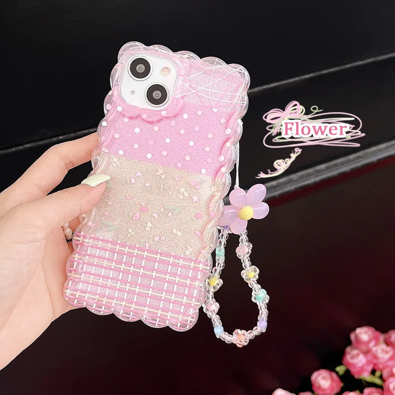 4PCS Spliced Decors Twist Soft Phone Shell For iPhone 12/13/14/11/X/8, Girl's Anti-fall Sweat Flower Bracelet Love Heart Cover