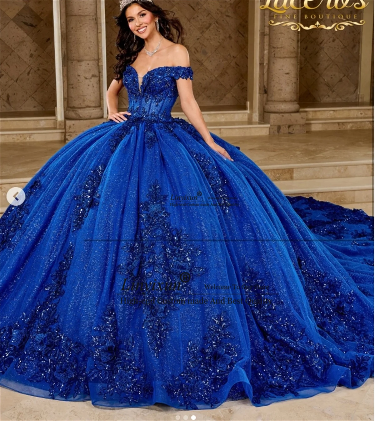 Vestido De quinceañera azul real con purpurina personalizado, vestido De baile con apliques De lentejuelas, lazo con cuentas, dulce 16, hombros descubiertos, Vestidos De 15 Anos