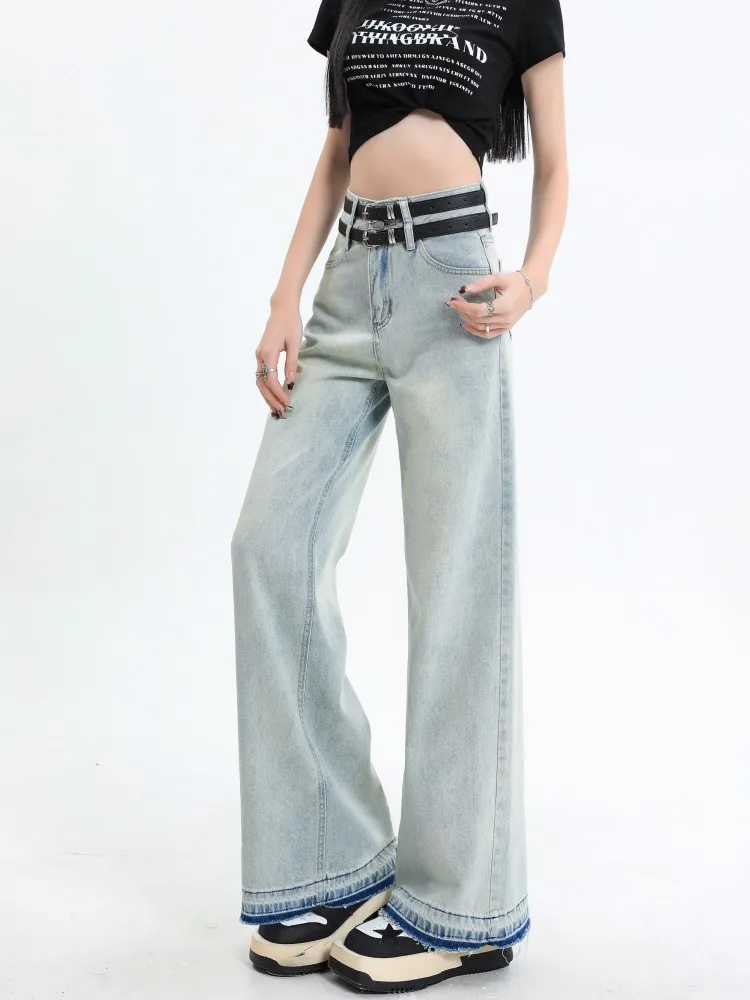 

GUUZYUVIZ Spring Summer Double Belt Jeans Woman High Waist Slim Long Loose Fashion Versatile Denim Straight Leg Wide Leg Pants