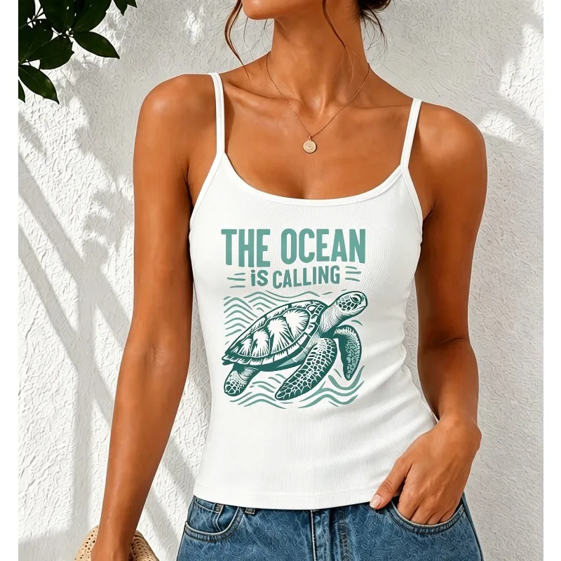 Women Spaghetti Strap Cami Tank Top Watercolor Sea Turtle Print Sleeveless Soft Summer Casual Beach Vacation Basic Daily Vest