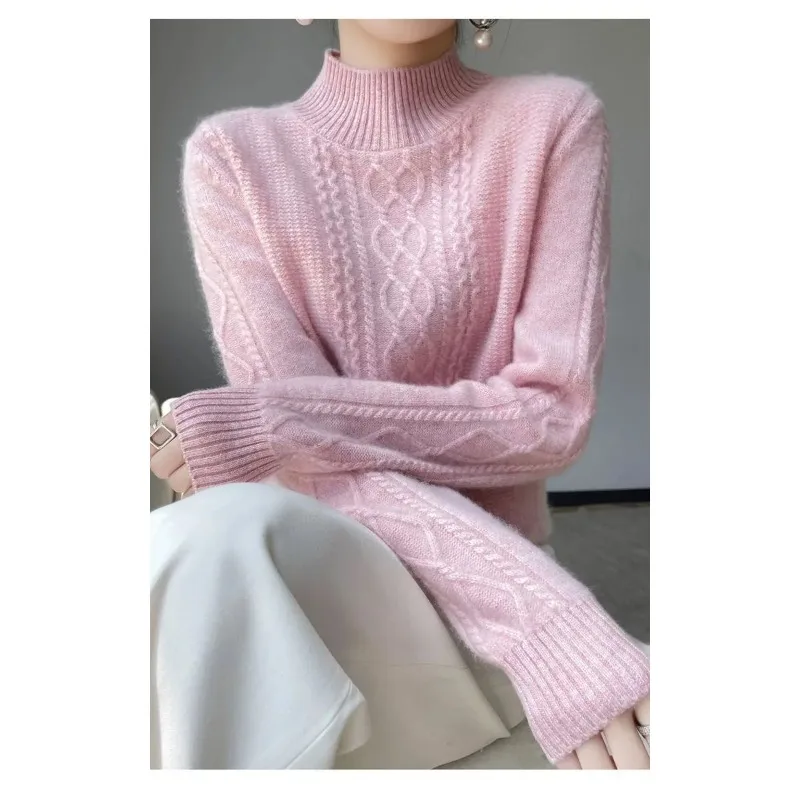 20235Autumn and Winter New Women Sweater Warm Cashmere Sweater Loose Large Size Top Half Turtleneck Knitted Bottoming Shirt