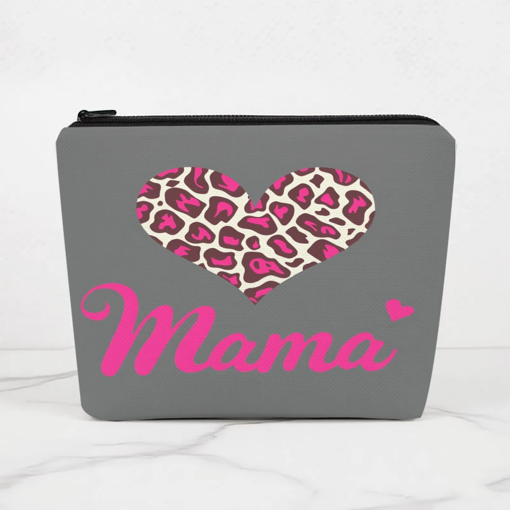 Heart Leopard Print Mama Text Makeup Bags for Girls Cosmetic Pouch Toiletry Bag Pencil Case Travel Storage