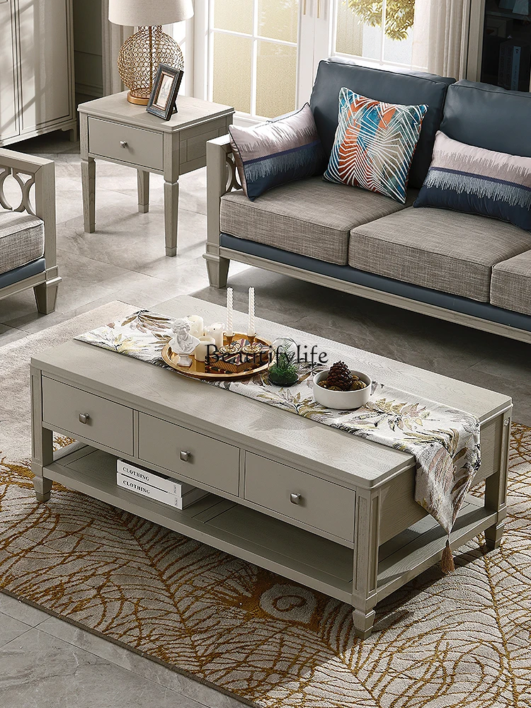 

05-American light luxury light gray red oak all solid wood long coffee table double sided 6 pumping coffee table