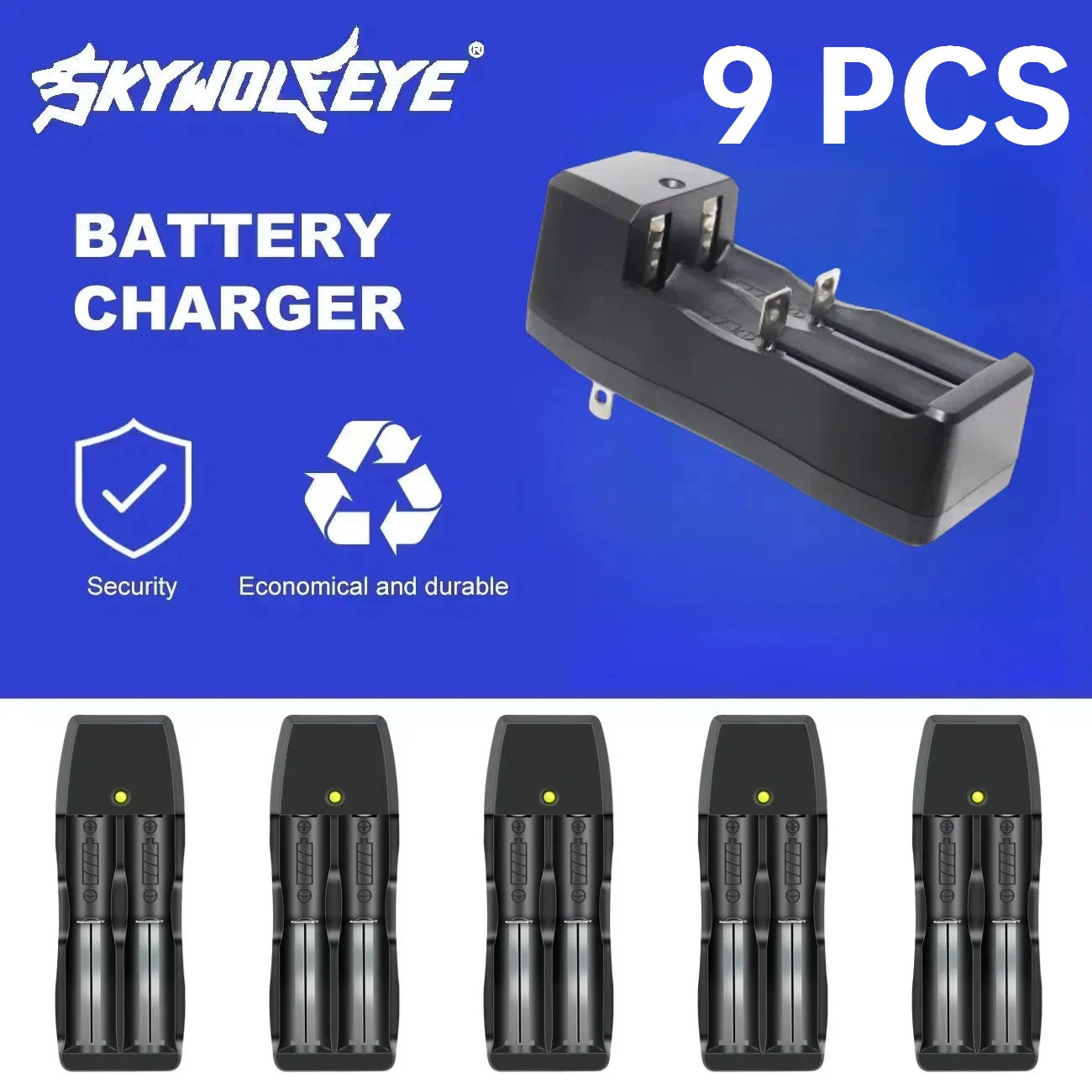 Skywlofeye 1-9Pcs 18650 Battery Charger 2 Slots Smart Charging Safety Fast Charge for 3.7v Lithium Rechargeable Batteries