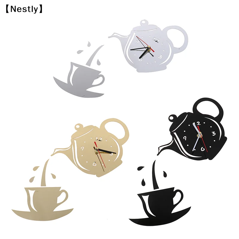Reloj de pared 3D de acrílico DIY con diseño de taza de café y tetera, decorativo para cocina, decoración de pared〔Nest〕