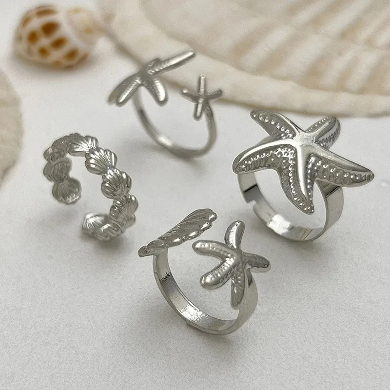 4Pcs/set Starfish Shell Hot Sale Open Rings for Women Men Gold Color Irregular Textured Adjustable Rings Set Jewelry Gifts image 5