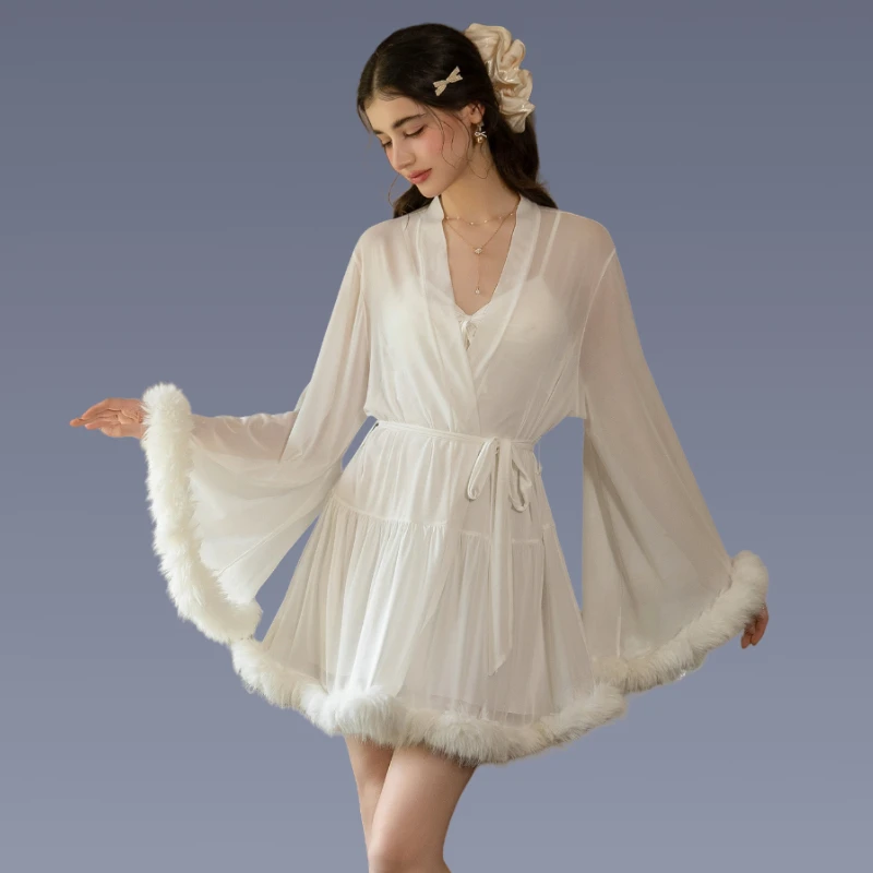 Sexy Sleepwear Cute Princess Style Wedding Dress Robe Bridal Home Clothes Long Sleeve V-Neck Plush Perspective Gown Strap Dress