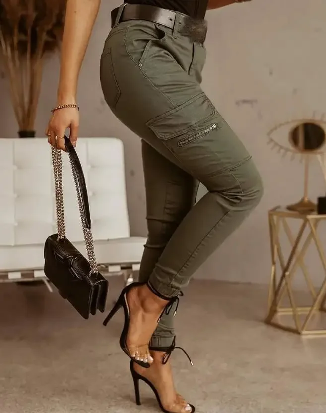 Pantalones Cargo informales para mujer, diseño de bolsillo con cremallera, ajustados, de cintura alta, sin cinturón, Otoño, 2024