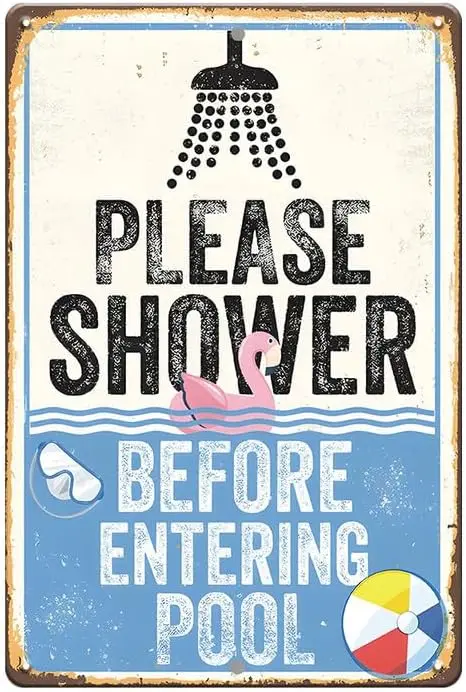 Letrero Divertido de Advertencia para Piscina con Diseño de Flamenco de 1 m - Se Pide Ducha Antes de Entrar a la Piscina, Decoración para Piscina al Aire Libre, Letreros con Reglas para la Piscina, Decoración de Verano para Nadar