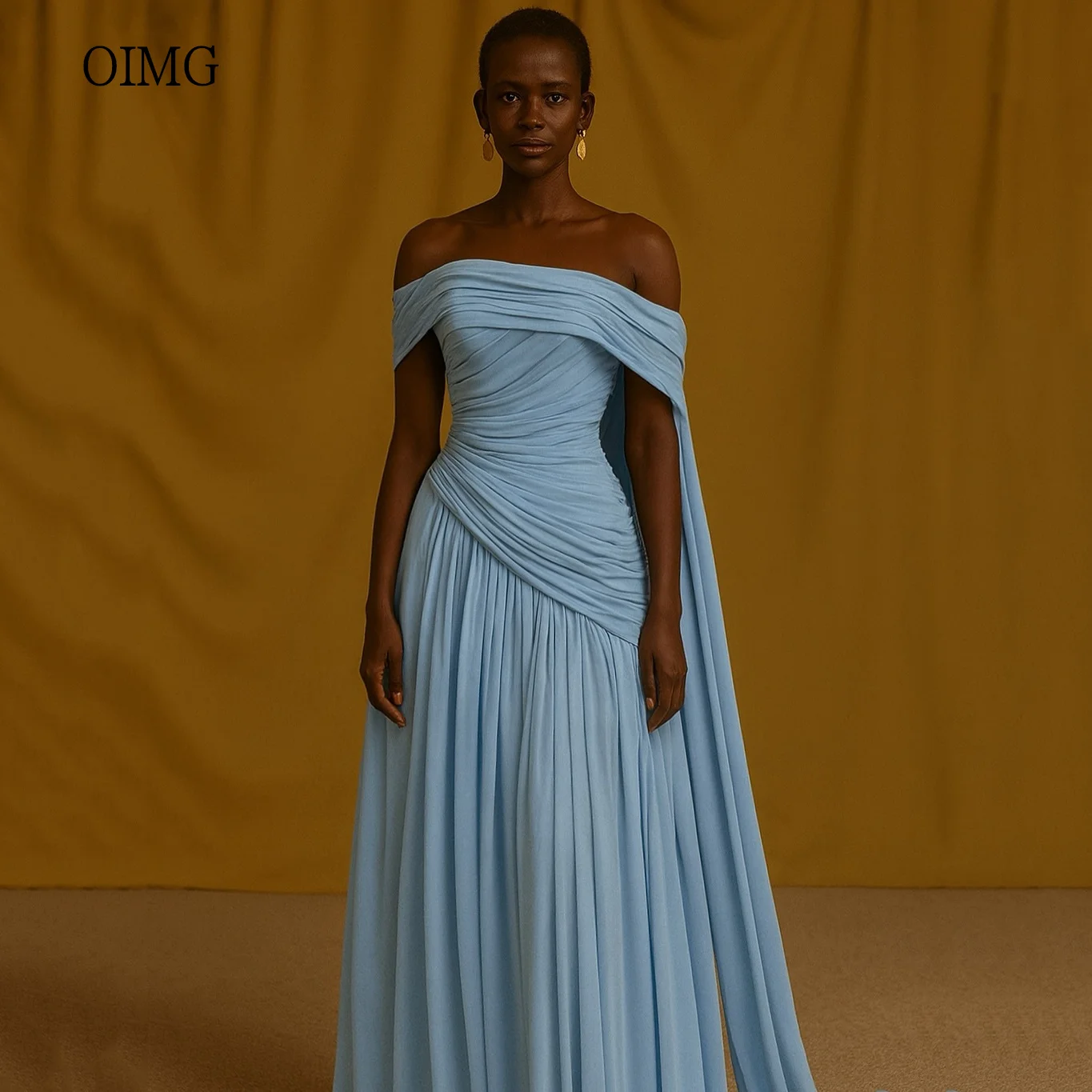 

OIMG Elegant Blue Off The Shoulder A Line Prom Gowns Backless Tiered Party Gown Floor Length Evening Dress Customized