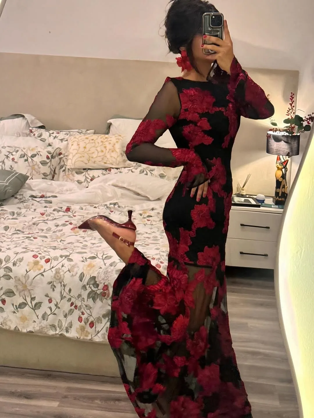 Fmxires موضة المرأة الراقية الجاكار فساتين مطرزة عارية الذراعين مساء حفلة فستان بكم طويل أنثى العصرية جديد 2025 #5