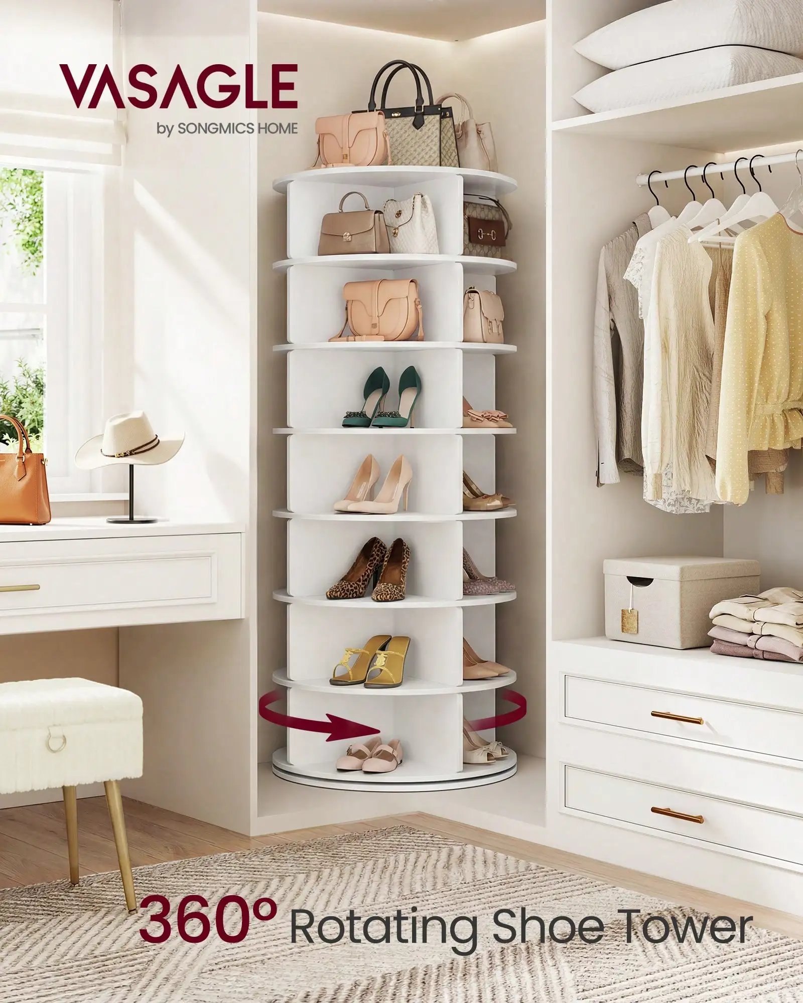7-Tier Rotating Shoe Rack Tower, Free Standing 360 Degree Spinning Shoe Organizer, Lazy Susan Bag Display Storage Rack, For Corners, Closets, Small Spaces SR260327144255494932260