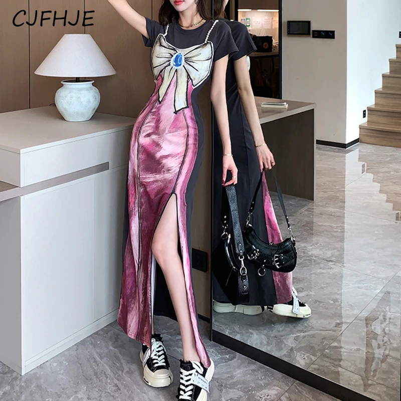 CJFHJE New Women\'s Fashion Sweetheart Bow Style Fake Two Piece Dress Korean Retro Print Women Split Round Neck Long Dresses