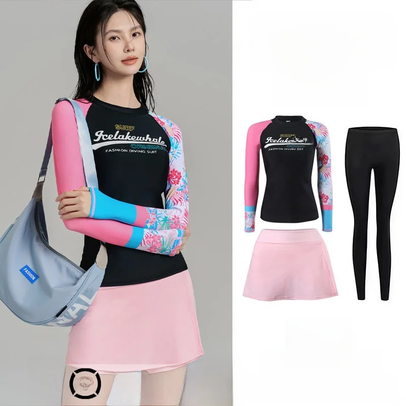 sun-protection-surfing-wetsuit-women's-two-piece-long-sleeve-diver's-clothing-quick-dry-beach-floating-snorkeling-suit-swimsuit