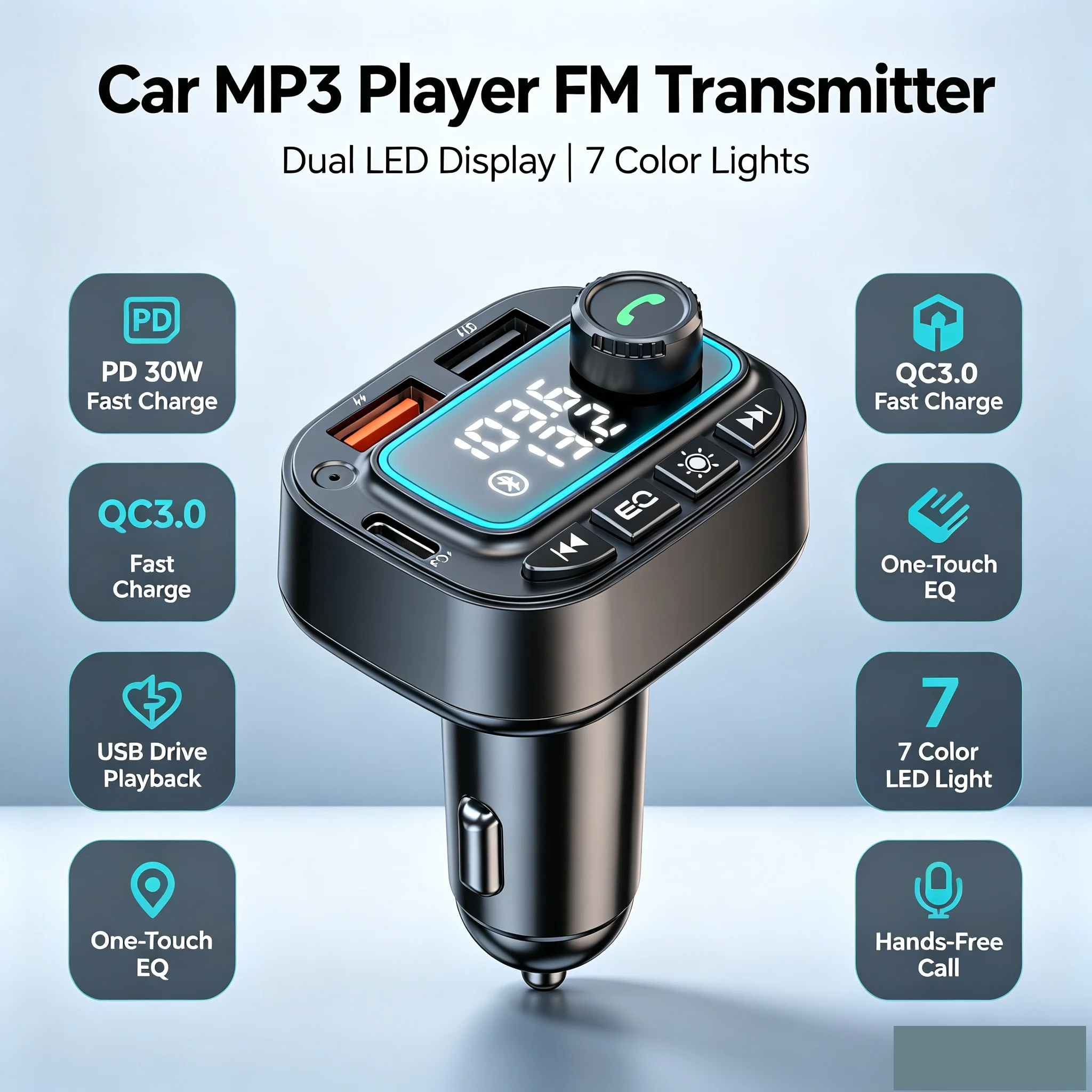 Car Bluetooth FM Transmitter, Car MP3 Player FM Radio Adapter, PD30W + QC3.0 Fast Car Charger, Dual‑LED Digital Display, U‑Disk
