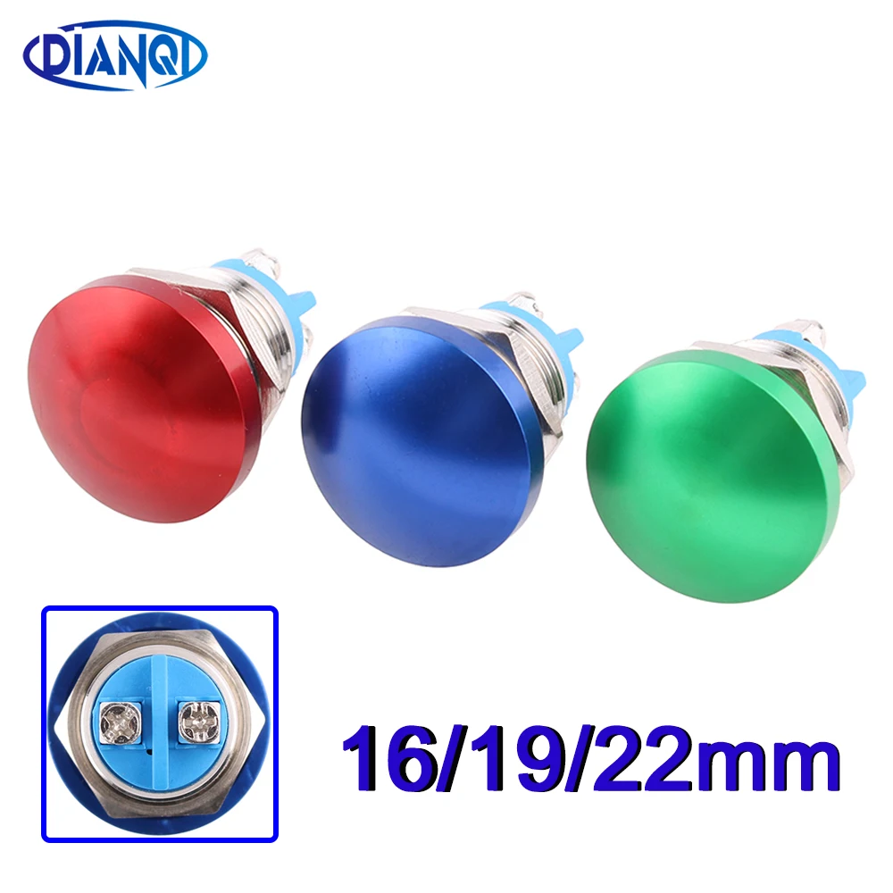 16mm 19m 22mm Metal Mushroom Head Switch Momentary without Fixation Waterproof Self-reset Press Red Green Blue Pushbutton Switch