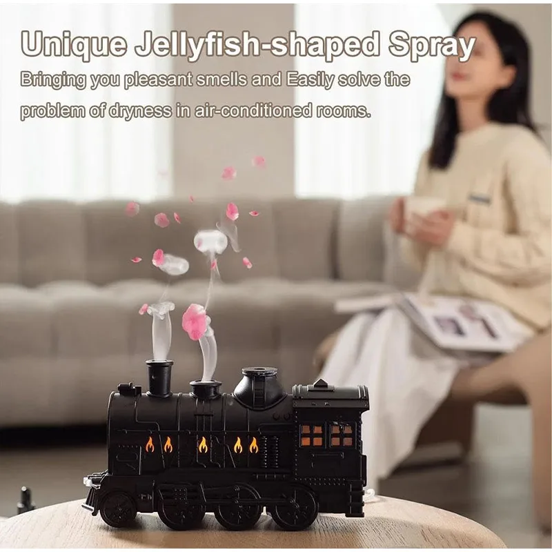 Steam Train Shape Essential Oil Aromatherapy Diffuser Humidifier 2-color LED Dual Mist Mode Xmas Train Humidifier Remote Control