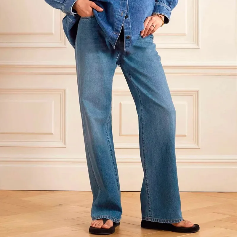 

Новинка 2025 года, женские повседневные хлопковые джинсовые джинсы со средней талией, прямые широкие брюки, персонализированные свободные весенне-осенние джинсы, брендовые дропшиппинг