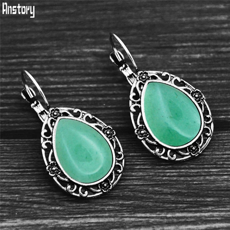 Vintage Drop Natural Jades Earrings Antique Silver Plated Natural Unakite Stone Flower Pendant Fashion Women Earring