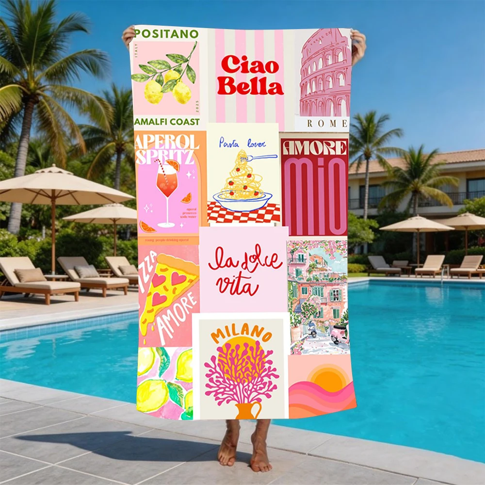 Amalfi Coast Retro Poster Collage Beach Towel Multiple Sizes For Fashion Women Summer Pool Swim Towel